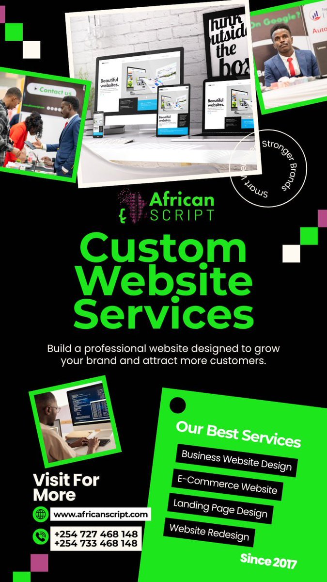 africanscript's tweet photo. Your business is unique, your website should be too. 

📞 0727468148 / 0733468148
✉️ info@africanscript.com
🌐 https://t.co/VWiq5qOHcW

#AfricanScript #CustomWebsites #WebDevelopment  
#Psquare twende adventure
#ExploreExperienceConserve
Adan Mohamed
#eabldefaulter https://t.co/MBdoW1Edpo
