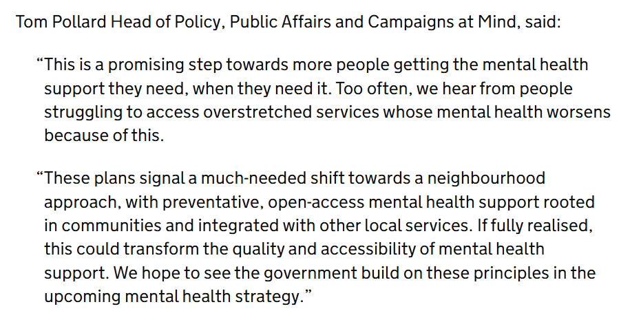 screenedout's tweet photo. Entirely unsurprising to see Mind's head of policy cheering on the PM and praising this scheme in the government press release on the basis of no detail whatsoever. Another example of how critical distance and holding power to account has vanished https://t.co/QOyuHh4CnY