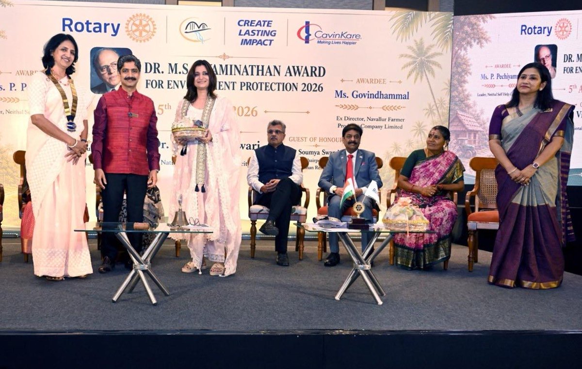 AmudhaCK's tweet photo. Privileged to represent CavinKare at an evening hosted by the Rotary Club of Madras East, honouring the recipients of the Dr. M. S. Swaminathan Award for Environment Protection 2026. Inspired by Ms. P. Pechiyammal and Ms. Govindhammal and their remarkable contributions. https://t.co/oILTYSBk8n