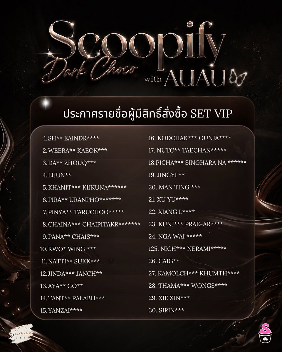 SummerVibeTH's tweet photo. 🎉 THE LUCKY WINNER HAVE BEEN ANNOUNCED! 🎉

ประกาศรายชื่อผู้โชคดีที่มีสิทธิ์สั่งซื้อบัตร SCOOPIFY DARK CHOCO WITH AUAU 🍫✨

ผู้ที่ได้รับสิทธิ์จะได้รับ อีเมลแจ้งรายละเอียดการชำระเงิน กรุณาตรวจสอบทั้ง Inbox และ Spam/Junk Mail

กำหนดชำระเงินภายใน 24 ชั่วโมง นับจากเวลาที่ได้รับอีเมล หากพ้นกำหนด ทีมงานขอสงวนสิทธิ์ในการส่งต่อสิทธิ์แก่ลำดับถัดไป เตรียมตัวให้พร้อมแล้วมาเจอกัน! 🥰

#ScoopifyDarkChocoWithAuAu
#SummervibeTH #Scoopify #auautnp