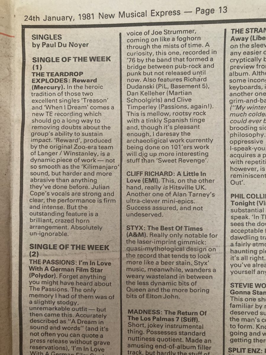 TExplodes's tweet photo. Single of the week
January 1981 
NME https://t.co/5jx3AvGwDM
