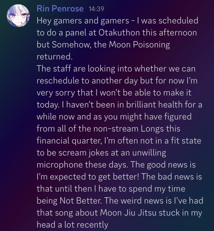 RinPenrose's tweet photo. Update on today’s scheduled Otakuthon panel and general health and also me wanting to fight the moon https://t.co/dRXflFQ7l6