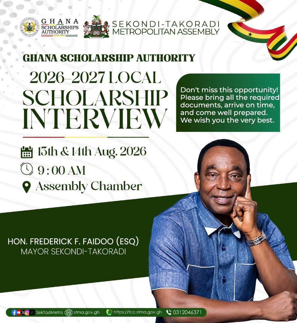 FFFaidoo's tweet photo. 1/
Sekondi-Takoradi Metropolitan Assembly (STMA), under the leadership of Mayor Lawyer FF Faidoo, in collaboration with the Ghana Scholarships Authority, will conduct interviews for applicants of the 2026/2027 Local  Scholarship Scheme on Thursday, 13th August and Friday, …. https://t.co/xcOa40iDKT