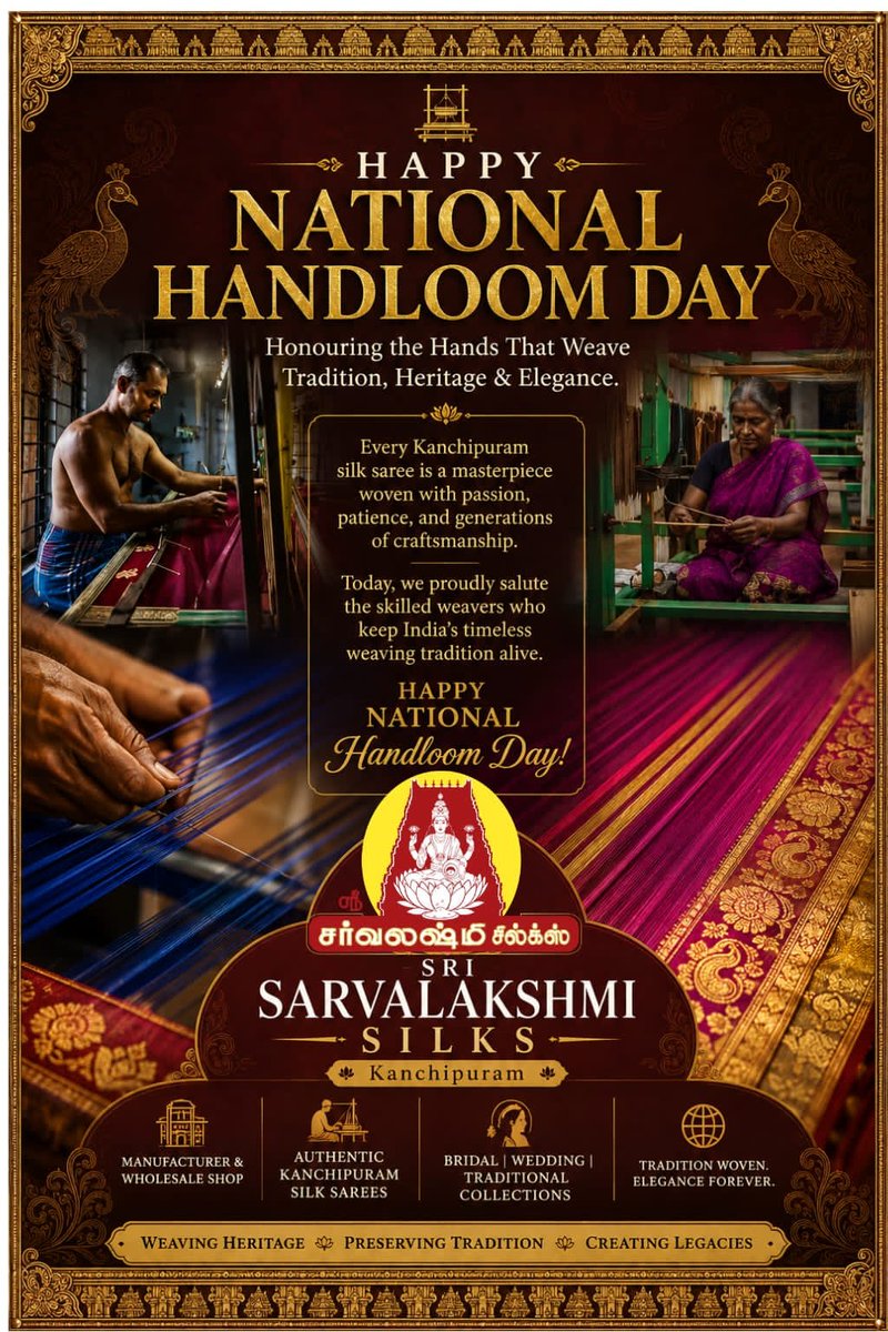 saravalakshmi's tweet photo. 🧵 Happy National Handloom Day! 🇮🇳
#NationalHandloomDay #HappyHandloomDay #WeaversDay #Kanchipuram #KanchipuramSilk #KanchipuramSarees #Handloom #Handwoven #SupportWeavers https://t.co/1xfOtErzqE