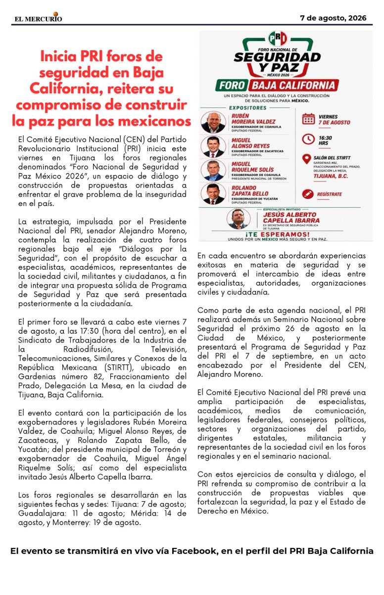 ElMercurio2026's tweet photo. #NotaDelDia 
🗞️🗞️🗞️ Inicia PRI foros de seguridad en Baja California, reitera su compromiso de construir la paz para los mexicanos. https://t.co/qafS9lgMLU