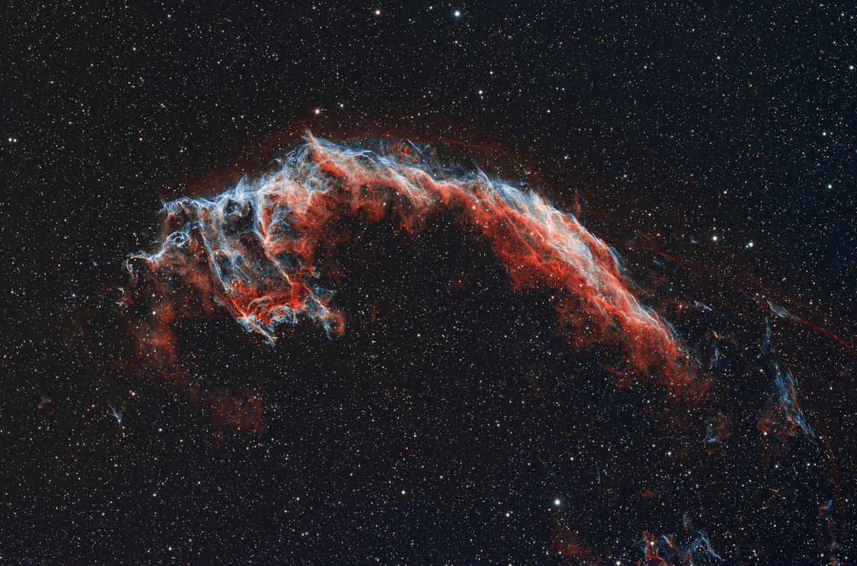 Barnfried's tweet photo. Photographed #NGC6992, the Eastern Veil Nebula.
A delicate network of glowing hydrogen and oxygen — the expanding shockwave of a stellar explosion that happened thousands of years ago.
Every filament tells a story. ✨🔭❤️
#astrophotography #ZWO #Askar https://t.co/Gxv04czAFj