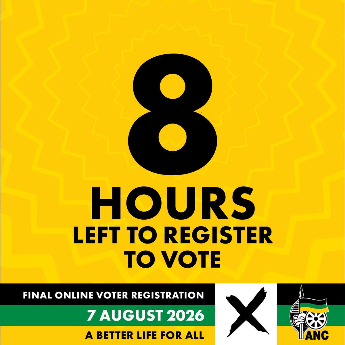 NoncebaMhlauli's tweet photo. ⏰ 8 hours to go.

There’s still time to make your voice count. Register to vote or update your registration details online before the voters’ roll closes ahead of the election proclamation at midnight tonight.

Don’t wait until the last minute. Register now and be ready to vote on the 4th November 2026. 

https://t.co/1jVVA8PrA1 

#RegisterToVoteANC #LGE2026 ⚫️🟢🟡