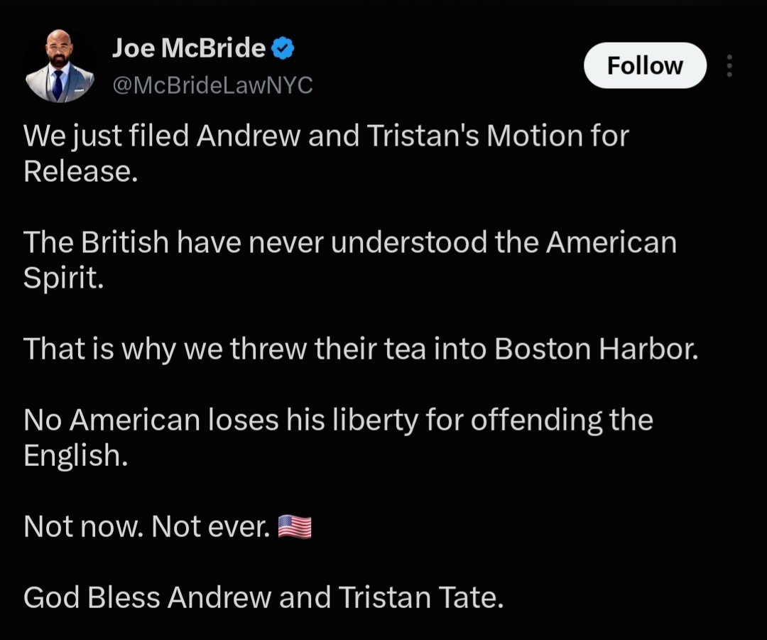 Tateunfazed_'s tweet photo. 🚨 : JUST IN ‼️

Joe McBride ( @McBrideLawNYC ) and his associates have just motioned for Andrew and Tristans release for bail in Miami court this morning! 🔥

🗣 : "The british have never understood the American Spirit.

"That is why we threw their tea into Boston harbor"

‼️ The document highlights the following facts : 👇🏼

"Tate brothers posed neither a risk of flight nor a danger to the community.

Andrew and Tristan Tate are American citizens. In December 2022 they were arrested in Romania

 a country of which they are not citizens,

and charged with serious sexual offenses. 

The Bucharest Court of Appeal released them—first on house arrest, then judicial control. 

In February 2025, after reviewing the brothers’ conduct, the Romanian prosecutor determined that Andrew and Tristan had “rigorously complied” with every obligation"