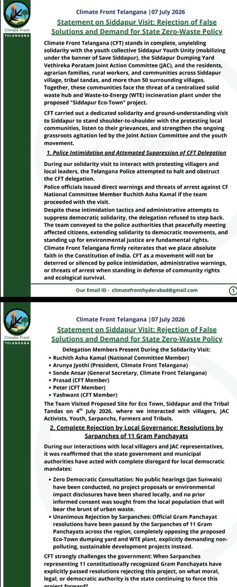ANRR_S's tweet photo. On behalf of the people of Siddapur, tribal tandas, and over 50 surrounding villages, a huge thank you to @ClimateFrontTG for standing in solidarity with us and joining the ground fight alongside Siddapur Youth.
Resolutions passed by Sarpanches across 11 Gram Panchayats have already made the public's mandate clear. We urge @TelanganaCMO, @GHMCOnline and @Collector_Ranga to listen to the people's voice, issue an official statement, and immediately revoke https://t.co/f6fxnYeAe1. 641!  
#SaveSiddapur #SayNoToToxicWTE #RevokeGO641 #EnvironmentalJustice #Telangana