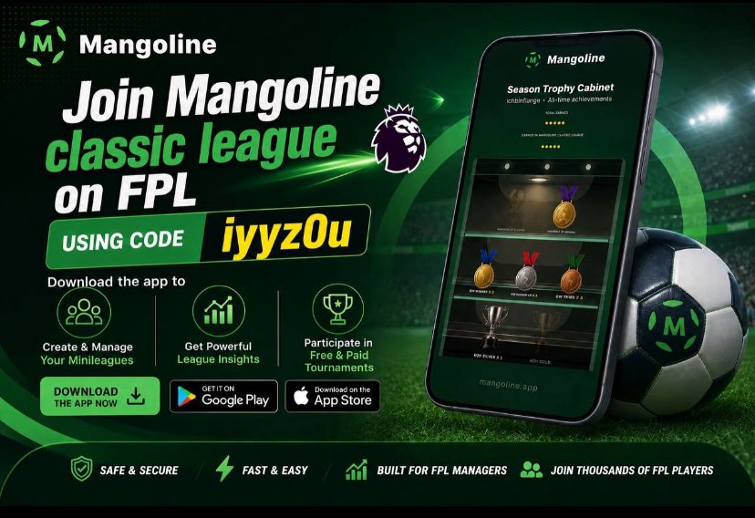 maytweetz01's tweet photo. 🔥⚽ FPL MANAGERS, THIS ONE IS FOR YOU! ⚽🔥

Ready to take your Fantasy Premier League game to the next level? 🏆👑

Join the Mangoline Classic League and compete with fellow FPL managers, track your performance, battle for bragging rights, and chase those 🥇🥈🥉 trophies!

📲 Download the Mangoline app
🎯 Join the league
💪 Build your squad
📊 Track your progress
🏆 Compete. Climb. Conquer.

🔑 USE CODE: IYYZOU

Whether you’re an FPL veteran or just getting started, your journey to the top starts here! @Mangoline25 

Don’t just play FPL… PLAY TO WIN! 🏆🔥