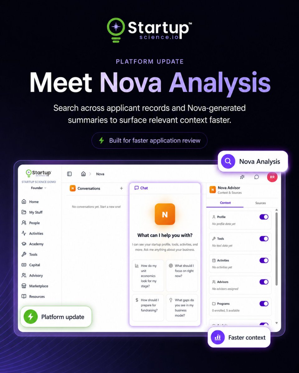 startupscience_'s tweet photo. Startup Science is introducing a faster way for ESO teams to review program applications.
Search across applicant records and Nova-generated summaries to surface relevant context, compare submissions, and move into evaluation faster.
Less searching. Faster context. More time helping founders move forward.

Explore the latest update:
https://t.co/T8vRCg7ga6

#StartupScience #StartupEcosystem #FounderSupport