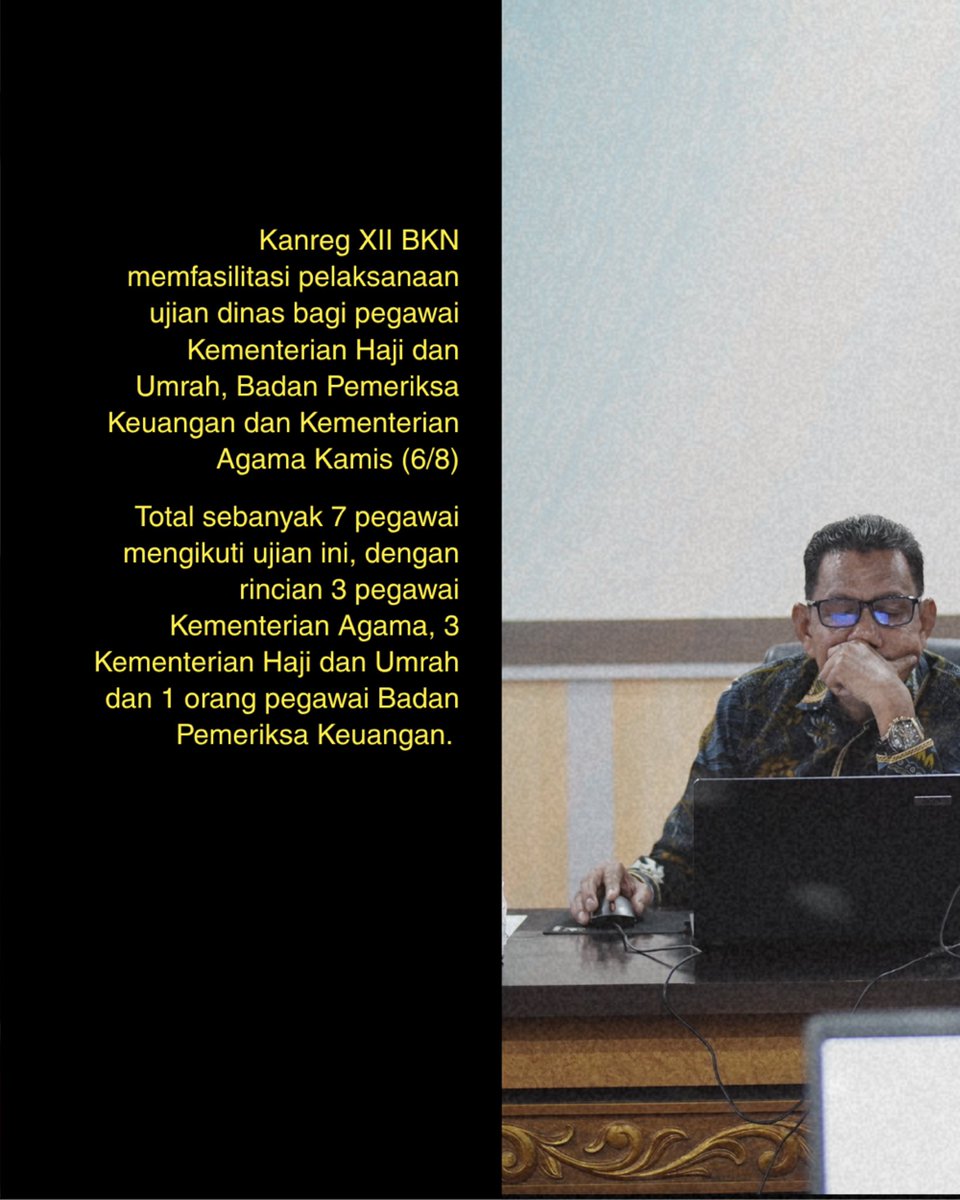 kanreg12bkn's tweet photo. Kanreg XII BKN memfasilitasi pelaksanaan ujian dinas bagi pegawai dari Kementerian Agama, Kementerian Haji dan Umroh dan Badan Pemeriksa Keuangan. https://t.co/L787Inhs7A