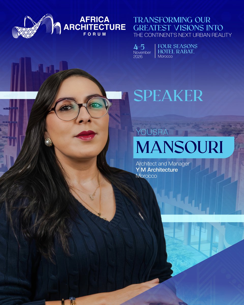WorldArchForum's tweet photo. Great architecture begins with a bold vision. Meet Yousra Mansouri, Architect and Manager, Y M Architecture, Morocco, at #AfricaArchitectureForum. Make sure you're there! 

📍Rabat | 4–5 Nov 2026 
🔗 https://t.co/pFmcr0aE4r https://t.co/b4kDOjssRO