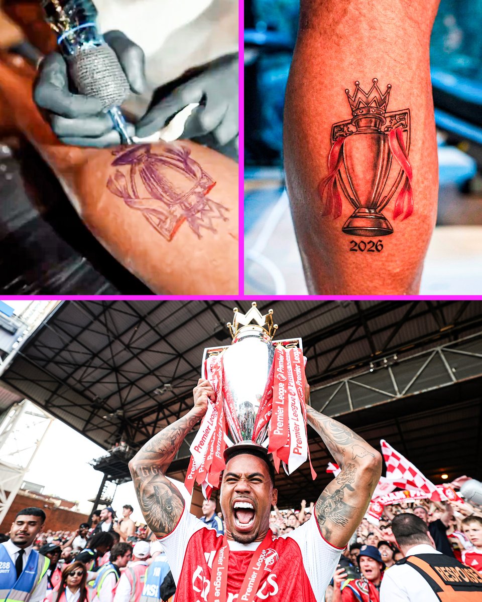 footballontnt's tweet photo. Gabriel has a new tattoo to commemorate Arsenal's Premier League triumph last season 🏆 https://t.co/mTj23ftoFt