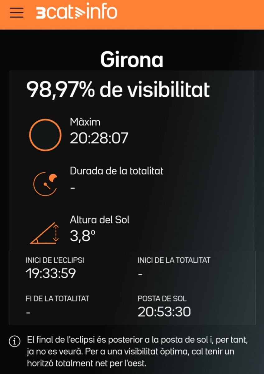 AVPC_Girona's tweet photo. Falten pocs dies per #Eclipsi2026. A #Girona no serà total (parcial gairebé 99%). Cal visualitzar-lo amb seguretat arreu amb ulleres  homologades ISO 12312-2 o utilització d'aparells amb filtres de protecció adequats. Més Info a https://t.co/wZaWZtLaud https://t.co/m1PagaiJ0a