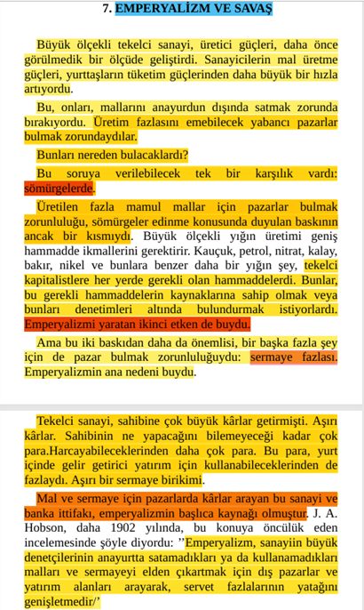 DincerKaratepe's tweet photo. "Halkın büyük bir kısmı, satın almak ister ama parası yoktur. #Zengin azınlığın ise, parası, harcamakla bitmeyecek kadar çoktur. #Sanayi, dev adımlarla büyür; ama #tüketici'nin #SatınAlmaGücü, kaplumbağa hızıyla ilerler. Yığın #üretim'i sorunu çözülmüştür ama üretilen malların yığın halinde satışı sorunu çözümlenememiştir. #İşçiler'in gereksinmelerini karşılayacak mallar için #pazar vardır ama işçilerin gereksindikleri malları satın alma güçleri açısından böyle bir pazar yoktur. Bunun sonucu, sistemde, bizim #bunalım ve #depresyon dediğimiz #DönemselÇöküşler'dir. #Kâr sağlamak için, #kapitalist, işçilerine olabildiğince az ödeme yapmak zorundadır. Ürünlerini satmak için, kapitalist, işçilerine olabildiğince çok ödeme yapmak zorundadır. İkisini birden yapamaz. #DüşükÜcret #YüksekKâr sağlar ama aynı zamanda mal talebini azalttığı için kârı olanaksız hale getirir. Çözümlenemez bir çelişki. #KapitalistSistem çerçevesi içinde çıkar yol yoktur. Depresyon kaçınılmazdır. Gene de kapitalist sistemin iş sağlayabileceği yalnız tek yol vardı. Kapitalizmi kötürümleştiren kusurların yani düşük tüketim ve aşırı üretimin giderilebileceği tek yol vardı. Tepede sallanan aşırı üretim korkusundan kurtulmanın, üretilen her şeyi kârla satabilmenin tek yolu vardı. Kapitalizmin öldürücü hastalığı olan bunalım ve depresyonu tedavi etmenin tek yolu vardı: #SAVAŞ... Üretim fazlasını emebilecek yabancı pazarlar bulmak zorundaydılar. Bunları nereden bulacaklardı? Bu soruya verilebilecek tek bir karşılık vardı: sömürgelerde. (...) #TekelciSanayi, sahibine çok büyük #kârlar getirmişti. #AşırıKârlar. Sahibinin ne yapacağını bilemeyeceği kadar çok para. Harcayabileceklerinden daha çok para. Bu para, yurt içinde gelir getirici yatırım için kullanabileceklerinden de fazlaydı. Aşırı bir #SermayeBirikimi. #Mal ve #sermaye için pazarlarda kârlar arayan bu sanayi ve banka ittifakı emperyalizmin başlıca kaynağı olmuştur. #Emperyalizm, sanayinin büyük denetçilerinin anayurtta satamadıkları ya da kullanamadıkları malları ve sermayeyi elden çıkartmak için dış pazarlar ve yatırım alanları arayarak servet fazlalarının yatağını genişletmedir." #LeoHuberman