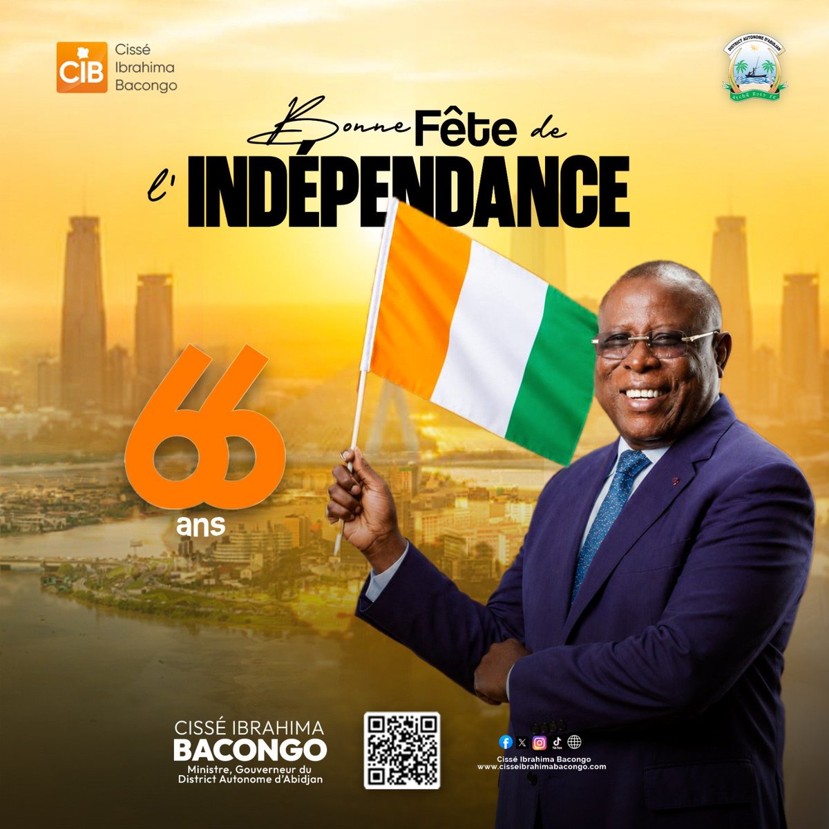 IbrahimaBacongo's tweet photo. « Célébrer l'indépendance, c'est rendre hommage à ceux qui ont bâti notre liberté et renouveler notre engagement à construire une Côte d'Ivoire unie, prospère et solidaire. »

Bonne fête à toutes et à tous. 🇨🇮🍾
#An66 #CIV225 #CIB #DAA #MG https://t.co/RXkNhHnO9b