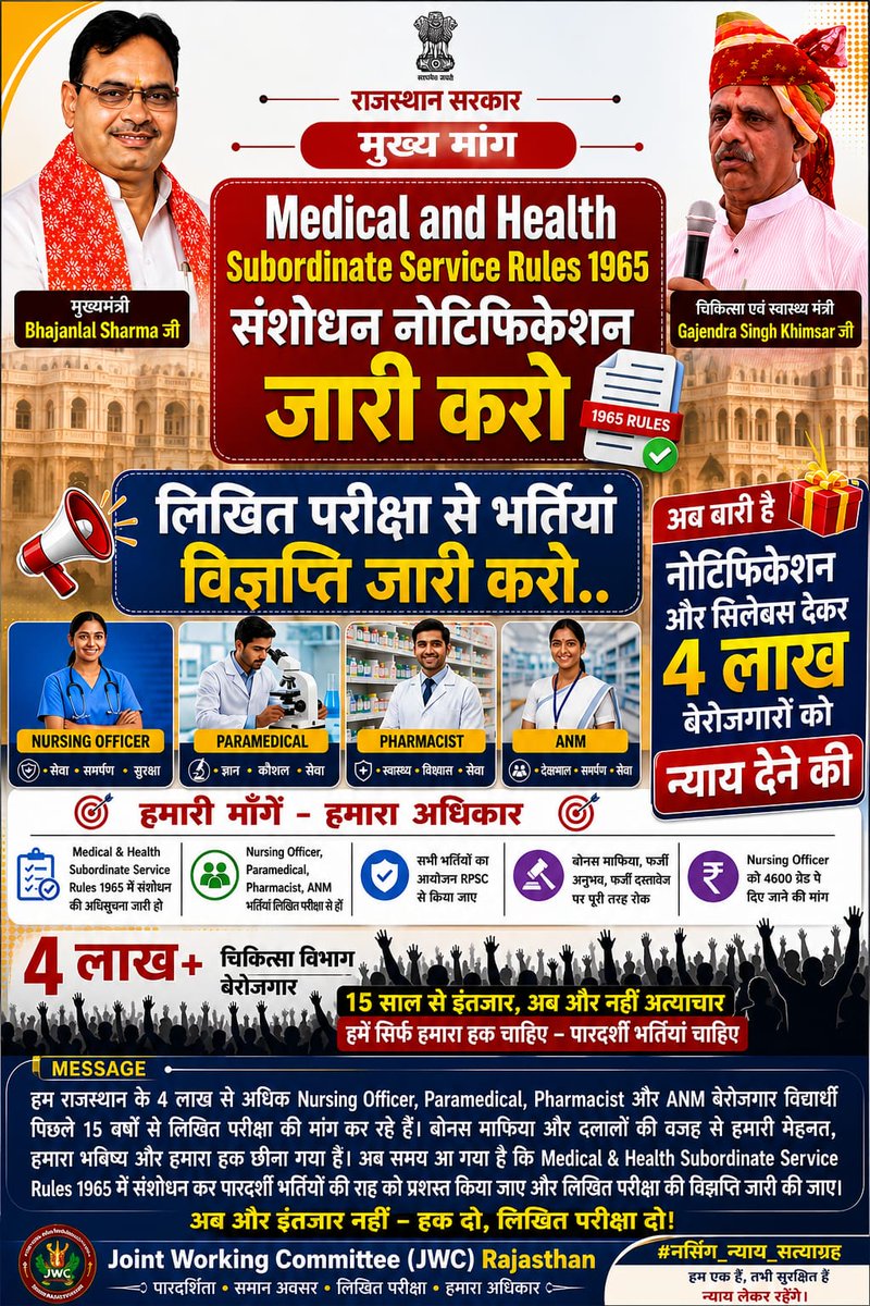 OM060701's tweet photo. @zeerajasthan_ @Dineshtiwaridau राजस्थान के लाखों Nursing, Pharmacist, Paramedical एवं ANM अभ्यर्थियों को न्यायपूर्ण एवं योग्यता आधारित भर्ती की अपेक्षा है।
@svoruganti1466 @RajCMO @RajGovOfficial
#Rajasthan #NursingOfficer #WrittenExam #Transparency #JWCRajasthan #नर्सिंग_न्याय_सत्याग्रह https://t.co/Qnb8N6Eznk