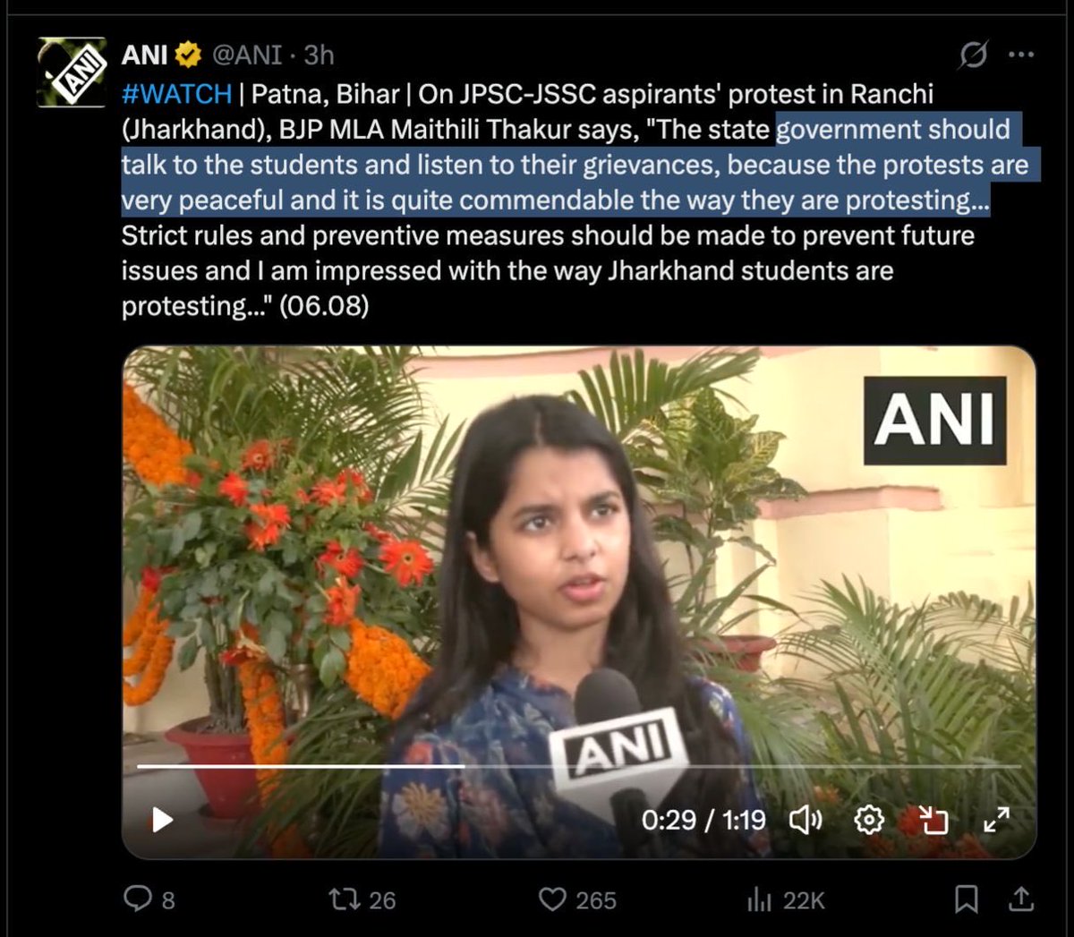 Pawankhera's tweet photo. As a Gen Z MLA from the ruling party, @maithilithakur please also ask your government why it fired AK-47s at students for the same "peaceful protests" you are referring to, just five hours away from the constituency you have been elected from

Also, when can we see you come out in support of the generation you belong to and represent?