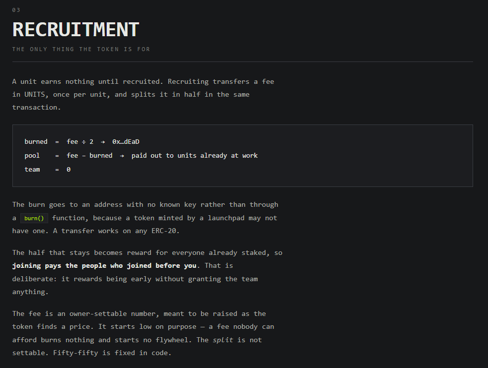 hoodunits's tweet photo. A HoodUnit earns nothing until it is recruited. Recruiting costs $UNITS, once per unit, and the fee splits in half inside the same transaction.

Half is burned. It goes to an address with no known key, gone from supply permanently.

Half goes into the pool, where it is paid out to every unit already at work. Joining pays the people who joined before you.

Nothing reaches the team. The fee itself can be repriced as the token finds a market, but the split cannot. Fifty-fifty is fixed in code.