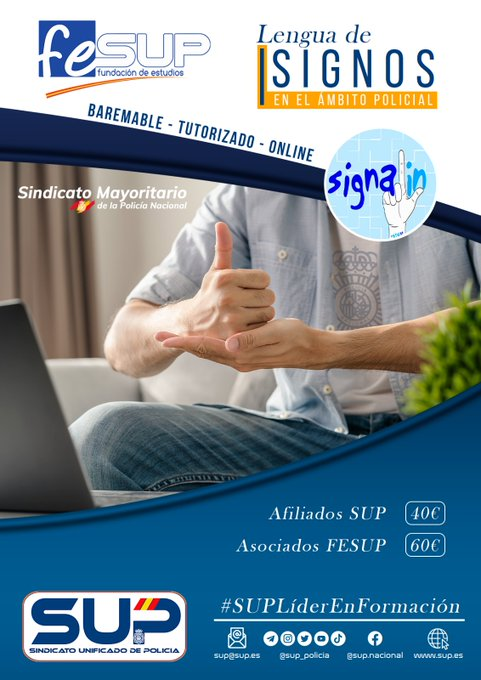 SignaLinLSE's tweet photo. Curso online de #LenguadeSignos en el ámbito #POLICIAL.

#SUPLíderEnFormación y @SignaLinLSE te ofrecen este curso a un precio especial para afiliados y asociados.
Inicio: 14 de septiembre.

ABIERTAS INSCRIPCIONES:
https://t.co/BT4lY0hn0V https://t.co/MKl41dvm07