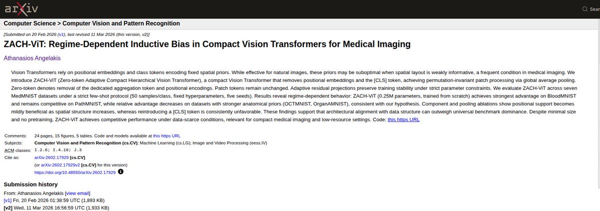 AthAngelakis's tweet photo. #ZACHViT on X 🚀
<0.25M params | ~3MB | train from scratch on CPU | no GPU | minimal RAM | no water cooling.
Democratizing #MedicalAI.
Happy CPUs again! 😄
https://t.co/2CVzY8sHmu
https://t.co/VWEI1MZDL5
#ZACHViT #AI #ArtificialIntelligence #MachineLearning #DeepLearning #ComputerVision #ViT #VisionTransformer #MedicalAI #MedicalImaging #EfficientAI #GreenAI #SustainableAI #RobustAI #MedMNIST
