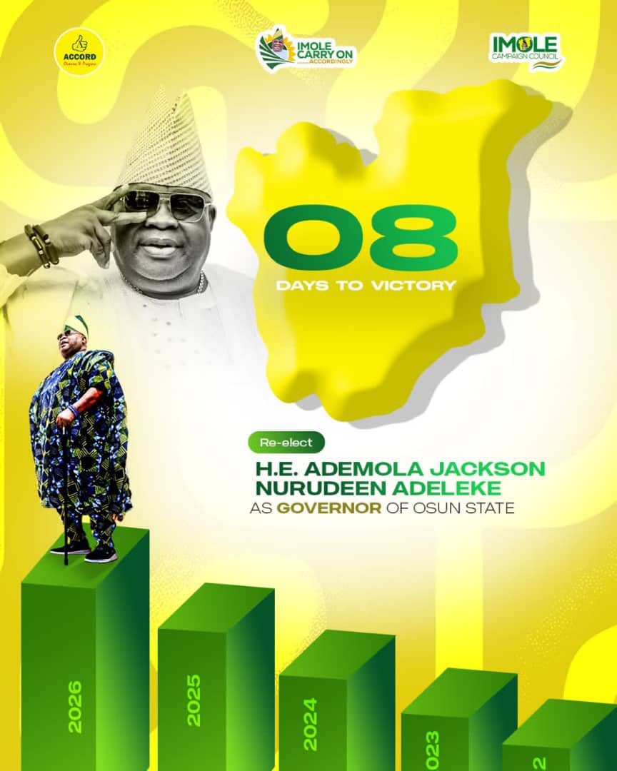 Acedolapo's tweet photo. 08 Days to Victory! 

The people of Osun have seen the transformation. The work is speaking. The progress is visible.

With Governor Ademola Adeleke, Osun is moving forward. On August 15, we will renew the mandate and keep the light of Imole shining brighter.

#8DaysToVictory
#ImoleTill2030
#ImoleCarryOnAccordingly