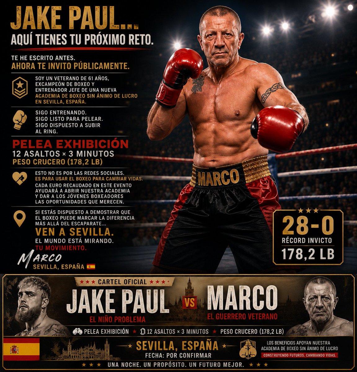 MarcoBoxeo's tweet photo. "Jake, this isn't about me and never was. It's about these kids. One exhibition fight could change their future. The invitation is always open."

One fight. One Academy. Hundreds of futures!
Help me build champions, not fighters!

For the last few years I've been training promising young boxers from my own old-school home gym, completely free of charge, as there is no gym in the town!

The space is small, the equipment is basic, and I can only work with a handful of youngsters at a time.

The demand is already building. More young people from my town want to train than I can currently accommodate.

My goal is simple: raise enough money from an exhibition event with you to buy suitable premises, build a fully equipped gym and boxing academy, then create a permanent home where local Spanish youngsters can learn discipline, confidence and boxing, regardless of their financial circumstances.

I have assistant Spanish coaches ready to join the project and a business plan that will make the academy sustainable for years to come.
Let's make this happen!