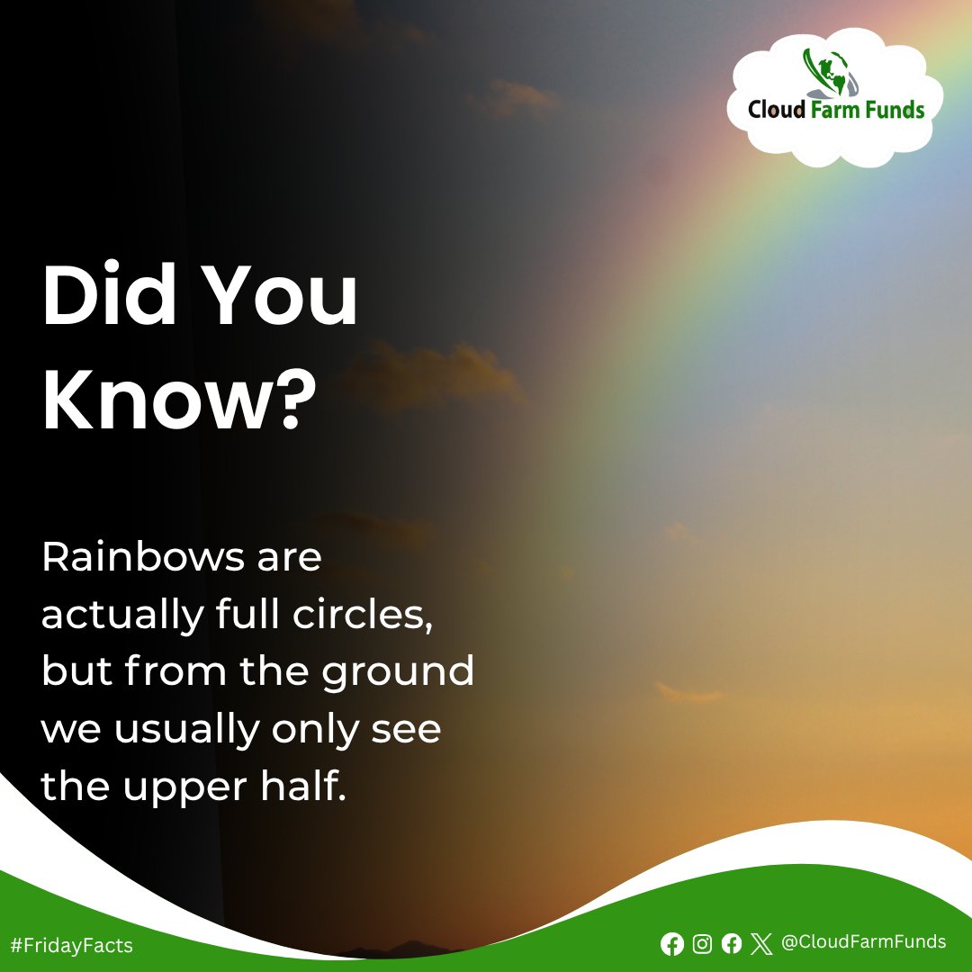 cloudfarmfunds's tweet photo. DID YOU KNOW?

Rainbows are actually full circles, but from the ground we usually only see the upper half. 

#Cloudfarmfunds
#Fridayfacts https://t.co/9XUOSsqxyy