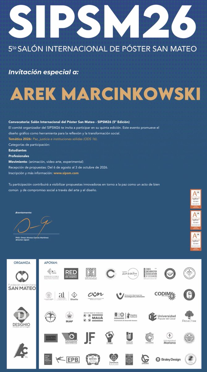 ArkadiuszM76772's tweet photo. COLOMBIA 🇨🇴
I am pleased to have received a special invitation to participate in the 5th San Mateo International Poster Exhibition – SIPSM26.
#Colombia #SIPSM26 #InternationalPosterExhibition #PosterDesign #GraphicDesign #InvitedDesigner #PeaceAndJustice #ArkadiuszMarcinkowski https://t.co/nZ8w2eE7PB