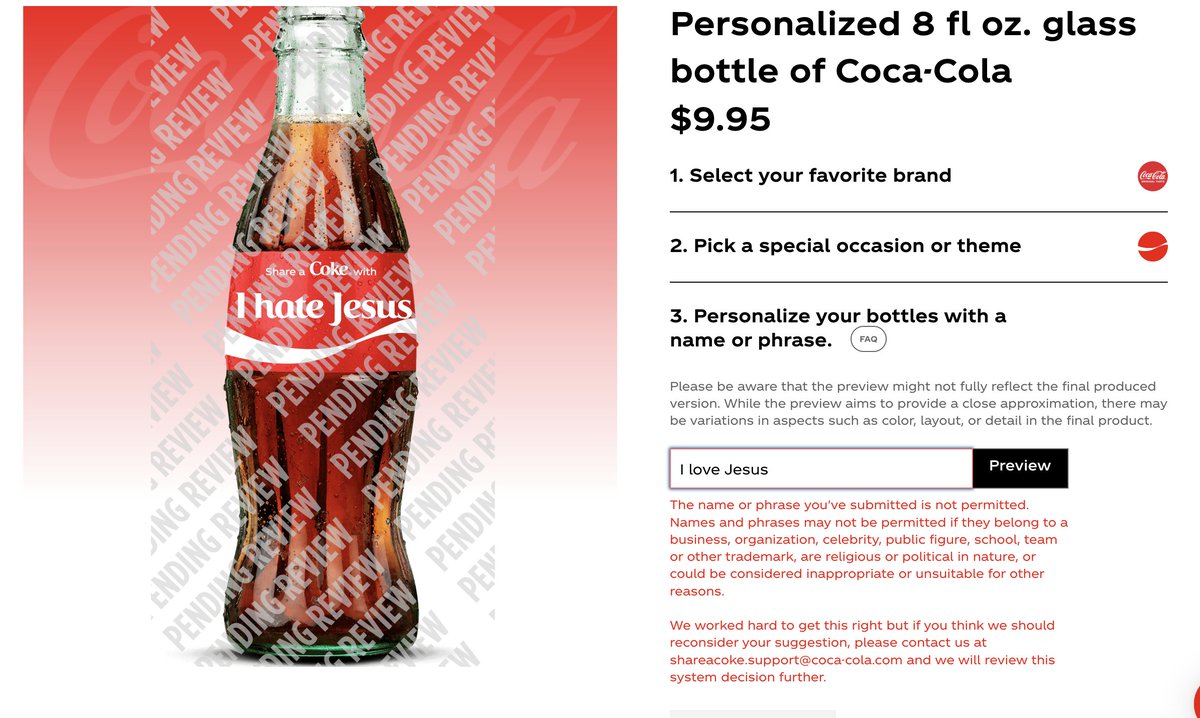 MitAktien's tweet photo. "ICH HASSE JESUS!" 
Für Coca-Cola kein Problem. Damit darf man seine personalisierte Cola-Flasche erstellen!
Allerdings nicht mit "Ich liebe Jesus" das ist leider verboten! Wahnsinn! Habe es gerade selbst getestet https://t.co/vH8eZTzPPc