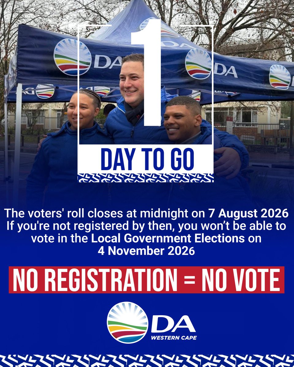 WesternCapeDA's tweet photo. ❌ Today is your last chance to register to vote. ❌

There won’t be another opportunity to register before Election Day.

🗳️ Check your registration details now:
https://t.co/weCwdhNe9U

#VoteDA 💙 https://t.co/1UUoq89wsk