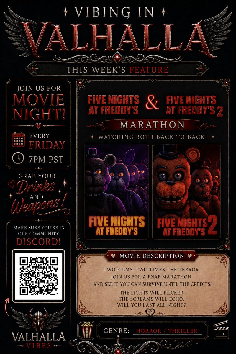 xScarValkyrie's tweet photo. We're doing a Five Nights at Freddy's Marathon! Join us on Friday at 7pm PST! Bring your snacks, your drinks... and maybe a flashlight. 🔦👀

#FNAF #FiveNightsAtFreddys #MovieNight #HorrorMovies #TwitchStreamer #HorrorCommunity #ValhallaVibes #xScarletValkyrie https://t.co/f6YrrmBOgE