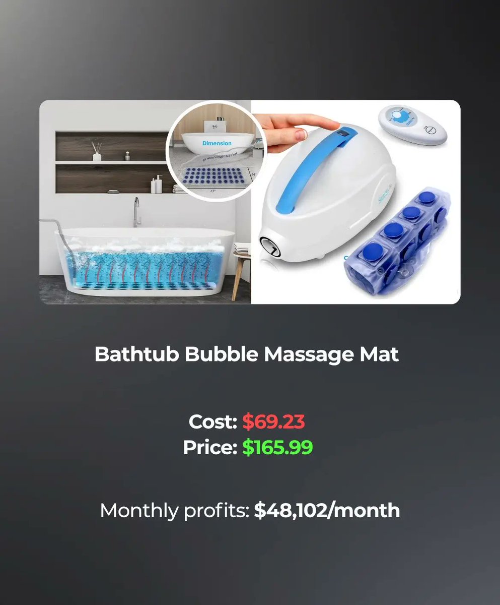winproducts_io's tweet photo. 4 winning products to sell today 👇

- Portable Mini Cloth Dryer
- Bathtub Bubble Massage Mat
- Home Soda Making Machine
- Smart AI Camera Glasses https://t.co/aUhzO9tpKB