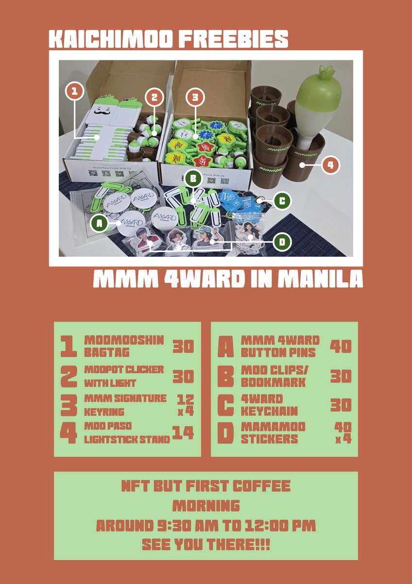 kaichimoo's tweet photo. MAMAMOO 4WARD IN MANILA FREEBIES    

Aug. 08, 2026 
Morning @ NFT But First Coffee

ACTUAL FREEBIES PHOTO AND COUNTS!

I have plenty - punta lang po kayo

Rules: 
Just Locate Me
MooPaso - Quiz/Raffle See First Post 

TAG ME ON YOUR HAULS AFTER 

#MAMAMOO #4WARDinMNL #MAMAMOOinPH https://t.co/GNOl6O8Opq