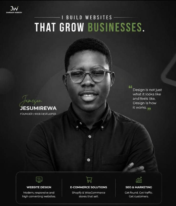 Jameson161129's tweet photo. Your website is more than just a page online it’s your digital first impression.

At Jameson WebDev, we create modern digital experiences that help businesses grow through:

✅ Professional Website Design
✅ High-Converting E-commerce Stores
✅ SEO &amp; Digital Marketing Solutions https://t.co/BHyq94nUBV