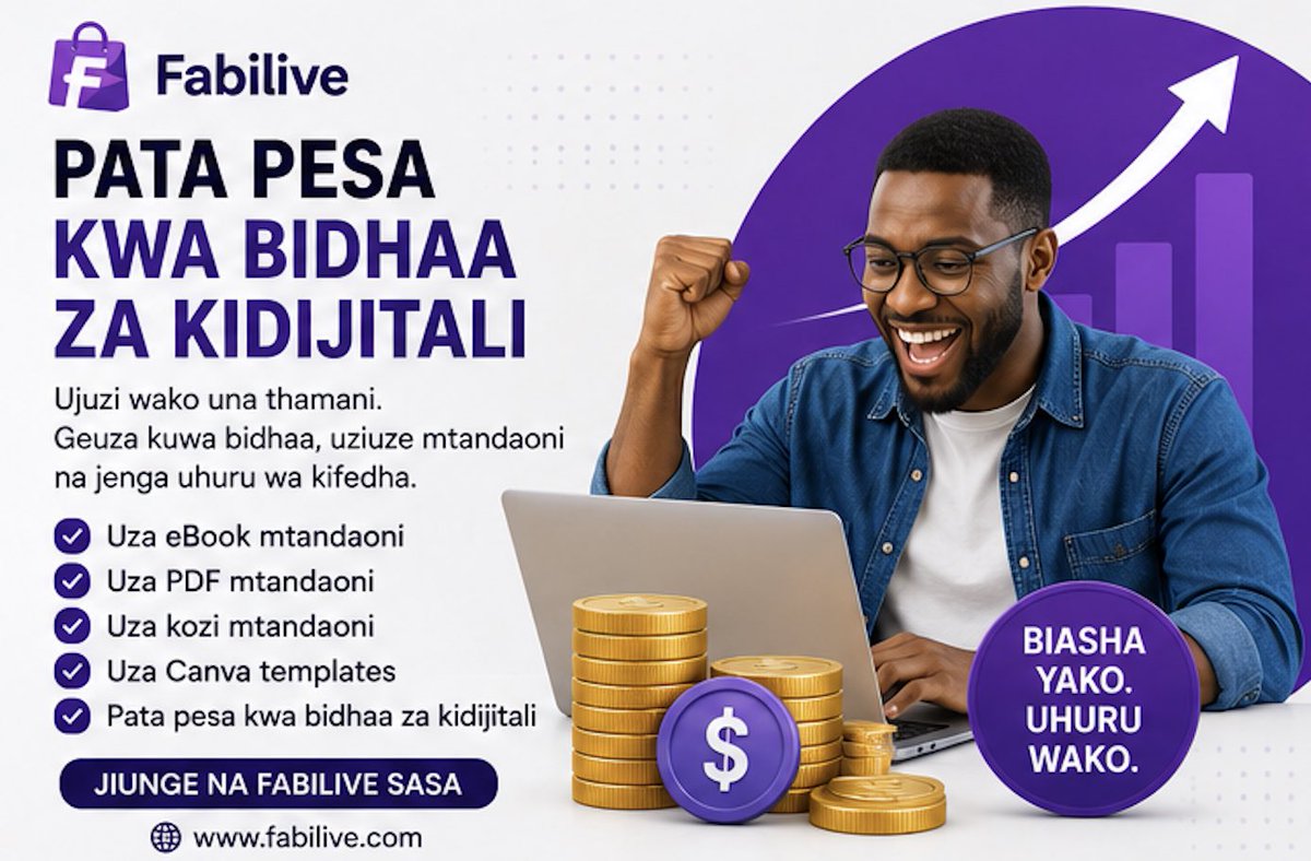 FabiLive4's tweet photo. 🚀 Geuza ubunifu wako kuwa biashara na Fabilive.
📚 uza eBook mtandaoni
💰 pata pesa kwa bidhaa za kidijitali
 https://t.co/UZNFWaTmeA 
Fabilive — soko la bidhaa za kidijitali na jukwaa la waundaji wa maudhui.
#Fabilive #DigitalProducts #BidhaaZaKidijitali #WaundajiWaMaudhui https://t.co/q4vBn38cJN