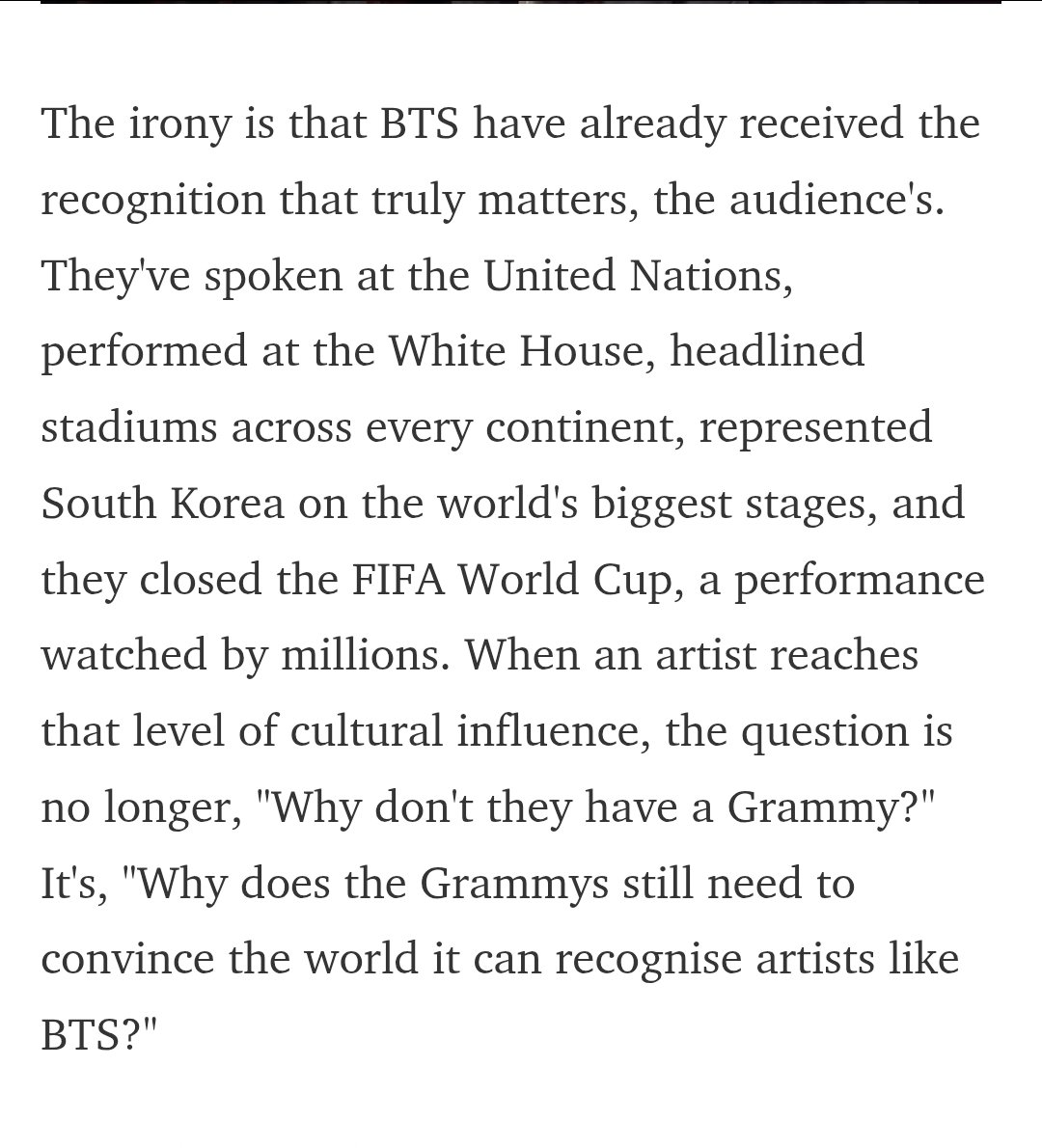cypherluscious's tweet photo. "When an artist reaches that level of cultural influence, the question is no longer, "Why don't they have a Grammy?" It's, "Why does the Grammys still need to convince the world it can recognise artists like BTS?""
https://t.co/kgdLCoruvn https://t.co/5LZW51kIQ7