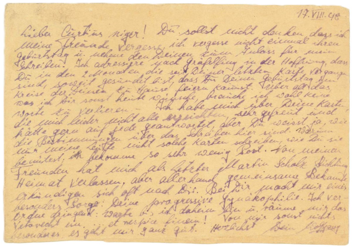 SWWEC1's tweet photo. Red Cross postcard from Wolfgang Hessmann, German POW in Russia, to liberated POW pal Kurt Exner in Bavaria, Nov 1948. Written from a Soviet detention hospital camp in Magnitogorsk. 
#ww2 #POW #German #Russia #gulag #Magnitogorsk #postcard #letter #veterans https://t.co/wNlmOS0MIh