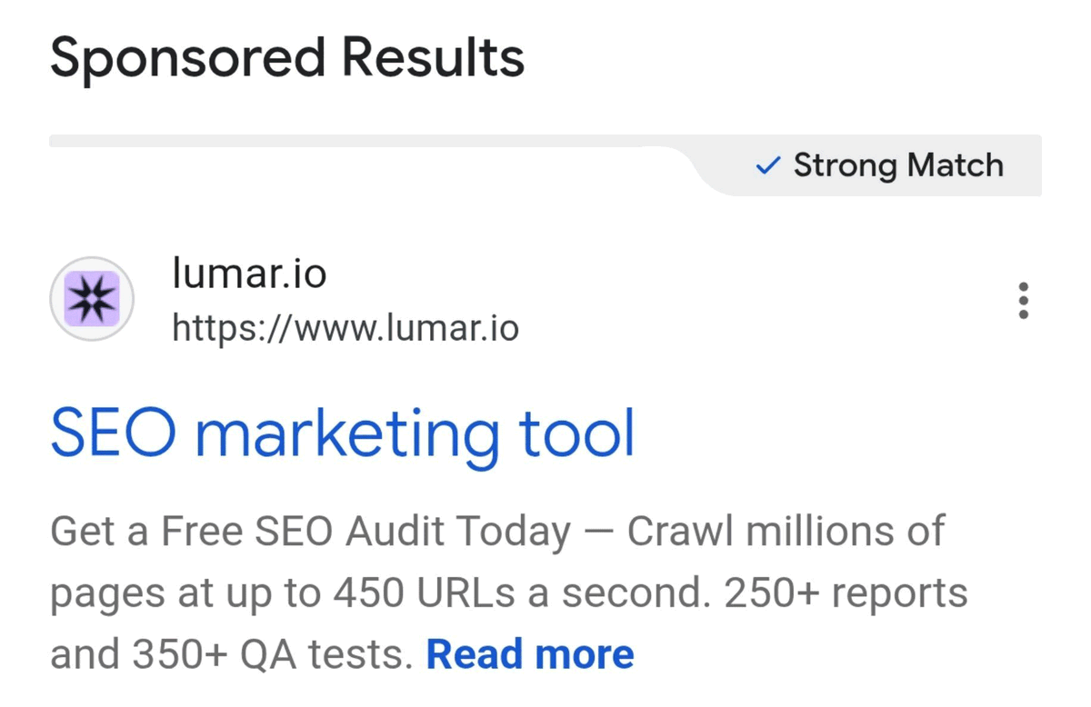 rustybrick's tweet photo. Google Ads tests "strongest match" and "strong match" labels in the wild https://t.co/cofsGT3jCU https://t.co/WSu5oGWPDq