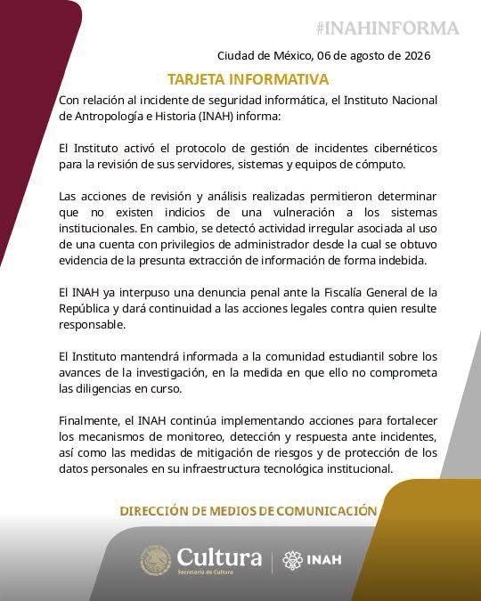 ivillasenor's tweet photo. Buenos días a todos menos al @INAHmx que —fiel a lo que siempre contestan en el gobierno federal— dicen que no los hackearon, sino que detectaron «actividad irregular en una cuenta con privilegios de administrador».

Ya saben, el país del eufemismo. https://t.co/nCVu59vylI