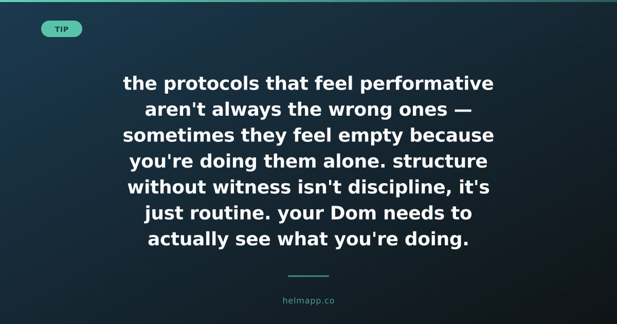 helm_submitlist's tweet photo. the protocols that feel performative aren't always the wrong ones — sometimes they feel empty because you're doing them alone. structure without witness isn't discipline, it's just routine. your Dom needs to actually see what you're doing. https://t.co/Bt8Pwv6y9E