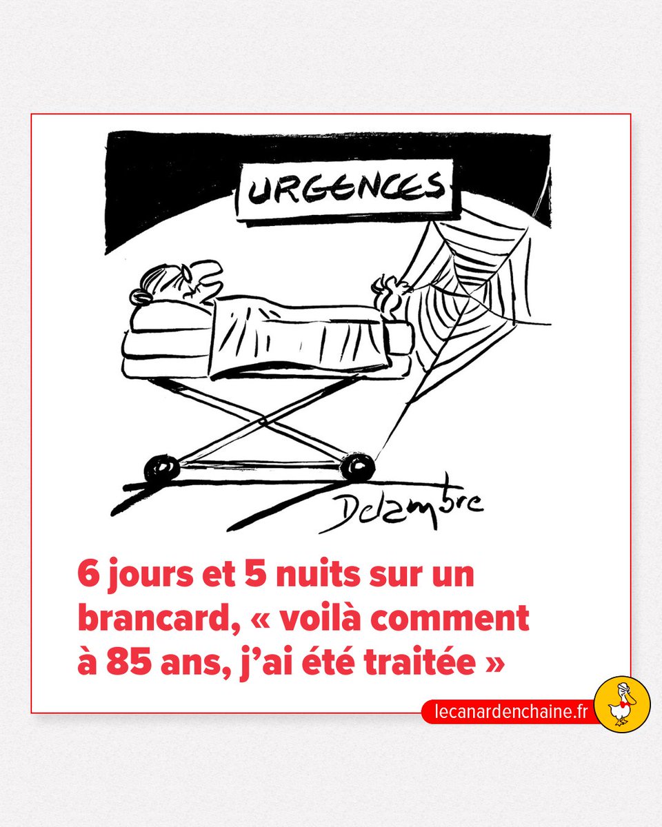 canardenchaine's tweet photo. 💬 « Voilà comment, à 85 ans révolus, j’ai été traitée et hébergée. » Nino-Anne, n’en revient toujours pas.

Atteinte d’une lourde maladie et sous dialyse, elle s’est retrouvée aux urgences de l’hôpital d’Orléans, du 18 au 23 juillet, où elle a passé 6 jours et 5 nuits sur un brancard.

➡ https://t.co/BNENrRHqKF