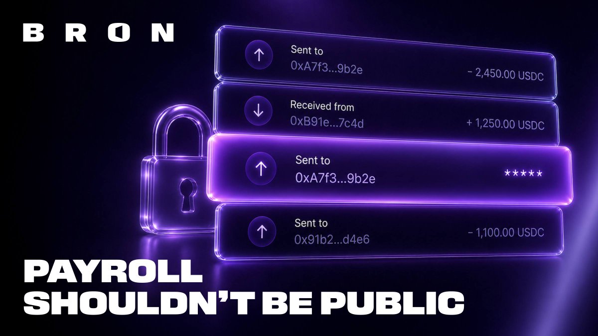bronwallet's tweet photo. Stablecoin payments are fast, but they can expose what every contractor or employee earns.

Once a wallet gets linked to someone, anyone can follow their payment history.

Bron shielding, powered by Zama, keeps balances and transfer amounts away from public view.

Pay people in stablecoins without putting their compensation on display.