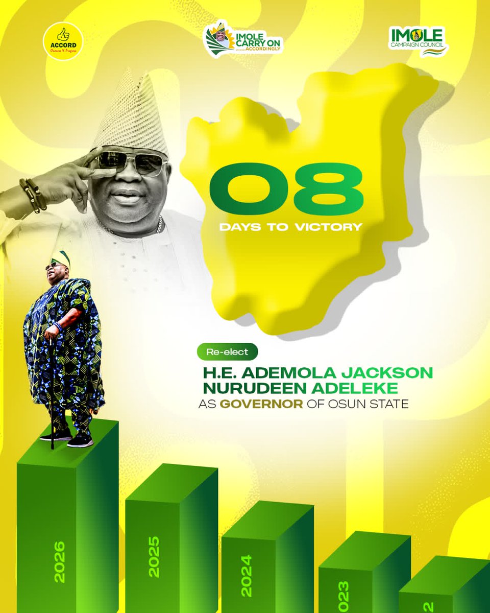 donemmaculate23's tweet photo. 08 Days to Victory! 

The people of Osun have seen the transformation. The work is speaking. The progress is visible.

With Governor Ademola Adeleke, Osun is moving forward. On August 15, we will renew the mandate and keep the light of Imole shining brighter.

#8DaysToVictory https://t.co/BGh0sjUajj