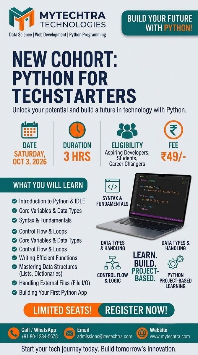 ArshethB6088's tweet photo. 📌 Event Summary📌
​Format: Live Online Session🌏
​Duration: 3 Hour⏳️
​Fee: ₹49💸

🚀​Who Should Join: Optimal for Engineering &amp; degree students, recent graduates, and aspiring developers🎯

#Python #PythonSystems #PythontoLearn #CareerinTech https://t.co/Lt4QjYcXv9
