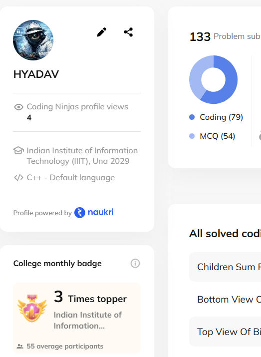HARSH_YADAV_3's tweet photo. 🚀 Started with 0.

Today:
🏅 3× College Monthly Topper (IIIT Una)
💯 133 Problems Solved
🥇 DSA Specialist Badge
🏆 4 DSA Achievement Badges

Next target:
🎯 200 Problems
🎯 Stronger DSA
🎯 Better consistency
The journey has just begun. ⚡

#BuildInPublic #DSA  #CodingNinjas https://t.co/5RrsGfSXFQ