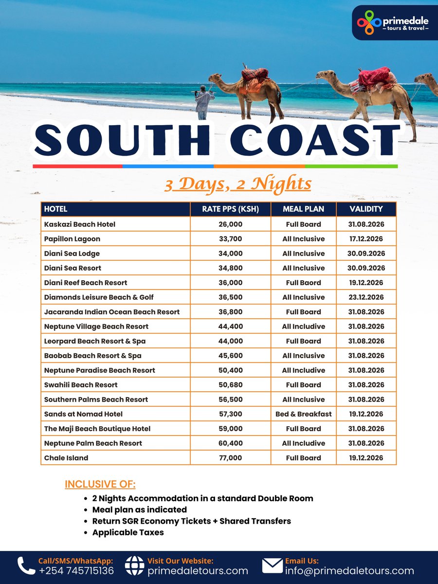 primedaletours's tweet photo. South Coast Beach Packages
Ready for sun, sand, and unforgettable coastal moments? Explore our South Coast holiday packages with a choice of hotels, flexible meal plans, and 3 Days, 2 Nights of pure relaxation. 

📞 Book your South Coast package with Primedale Tours &amp; Travel. https://t.co/qSvZdPMYFj