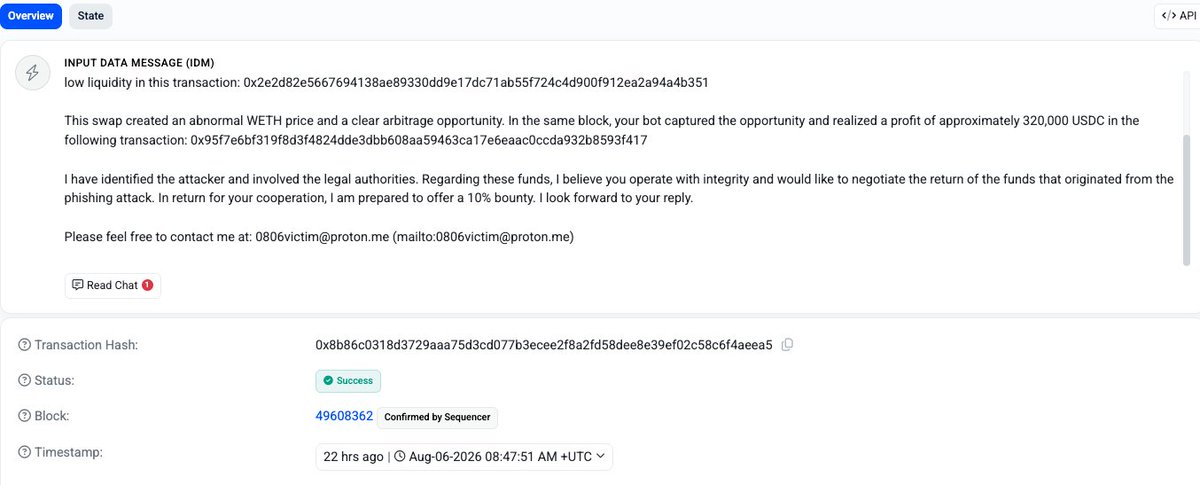 GoPlusSecurity's tweet photo. 👀Thieves eating thieves? Just stole $500k USDC… MEV bot snatched $320k of it for only $0.03!

A #Base user got phished and lost ~$500k USDC. The attacker immediately tried to swap the loot into WETH — but forgot to set any slippage protection. The trade got routed straight into a low-liquidity #Uniswap V4 WETH/USDC pool (PoolId:0x1d8c55f347727c0fb4f5e1b65cdb93639e0c7102580a7d345e1144cd5a718f54).  

Result: $500k USDC → only 67.9 WETH (~$129k).

~$370k vanished to extreme slippage… and an MEV bot scooped most of it (~$320k).  

😂The wild part? The bot only needed $0.03 in capital for the arb, but paid a juicy 3.5 ETH in gas.  

The victim already sent on-chain messages to both the attacker and the MEV address, offering a 10% bounty for the return of the funds.

Victim: 0x3a5385D8eB0d05B006edFF978BA4b95c51F70B5c
Attacker: 0x920d3b63541eAFe13E05dc4f3453904102c39708
MEV bot: 0x0000208D547A446BA9059CbB2CfcfbAEAd7d3fA3
Attack tx: https://t.co/TK6Yk1SxDy