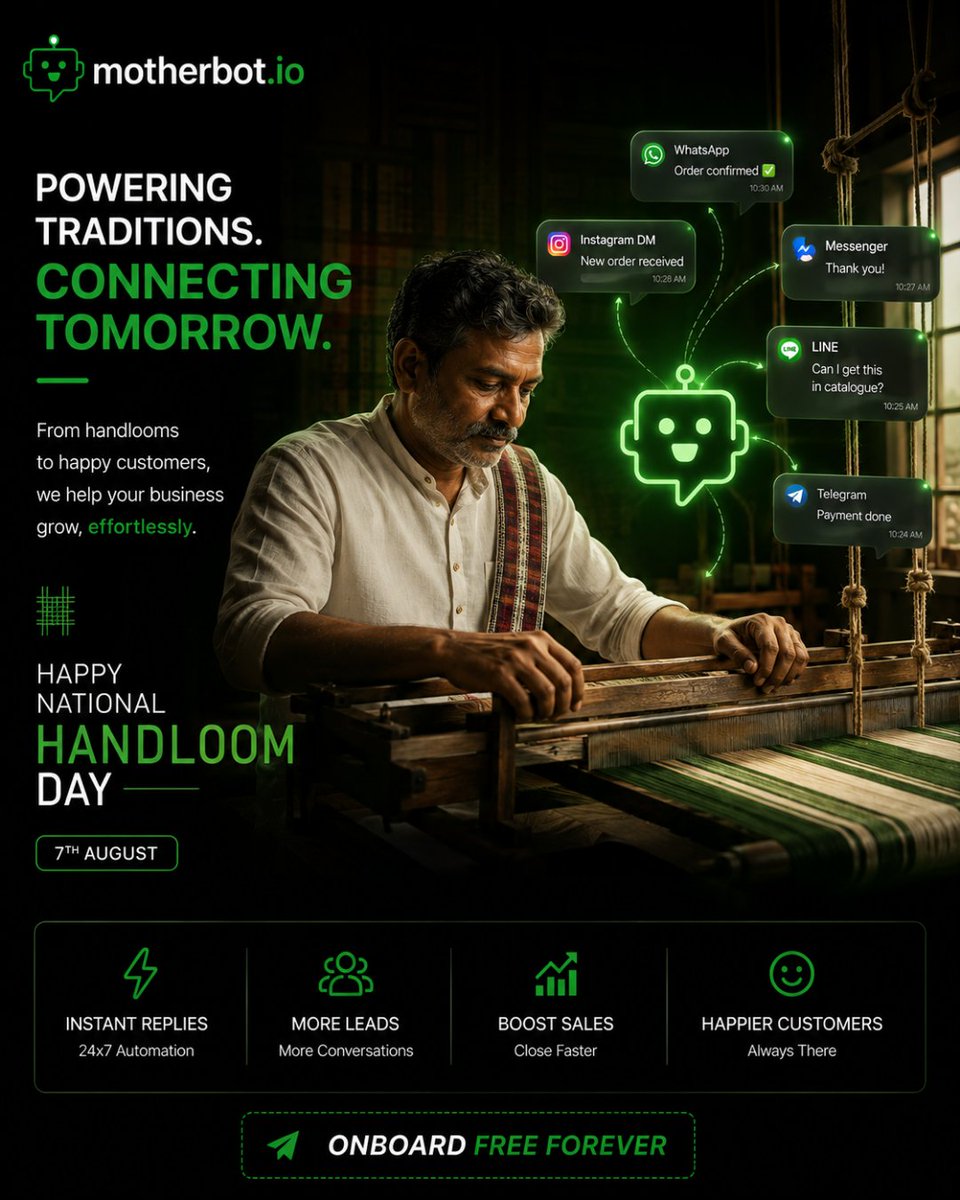 motherbot_io's tweet photo. India weaves tradition by hand. 🇮🇳
Let technology weave better customer connections. 💚

Happy National Handloom Day!

#NationalHandloomDay #HandloomIndia #MakeInIndia #MotherBot https://t.co/bDaxvj13cU